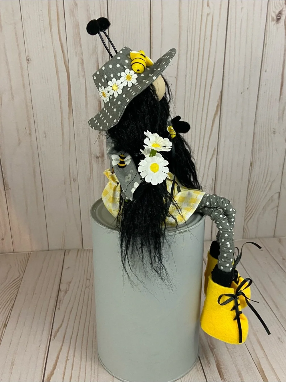 Handmade Sitting Bee Girl Gnome – Daisy Bumble Bee Shelf Sitter Decor - Picture 8 of 15